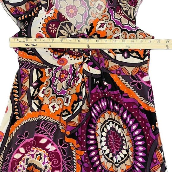 Sunny Leigh Print Dress Orange Purple Gray Tie Neckline Size Medium - Picture 7 of 9